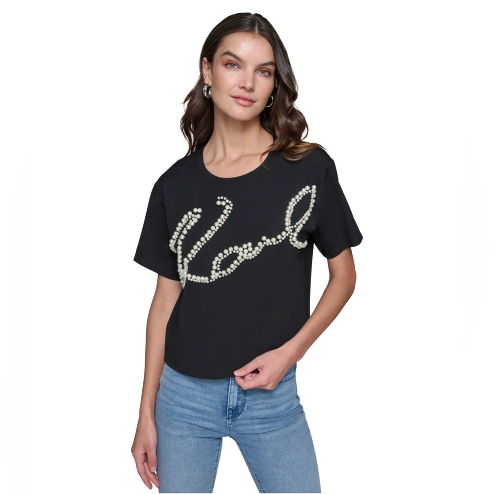 Karl Lagerfeld Black T-Shirt with Pearl Embellishment